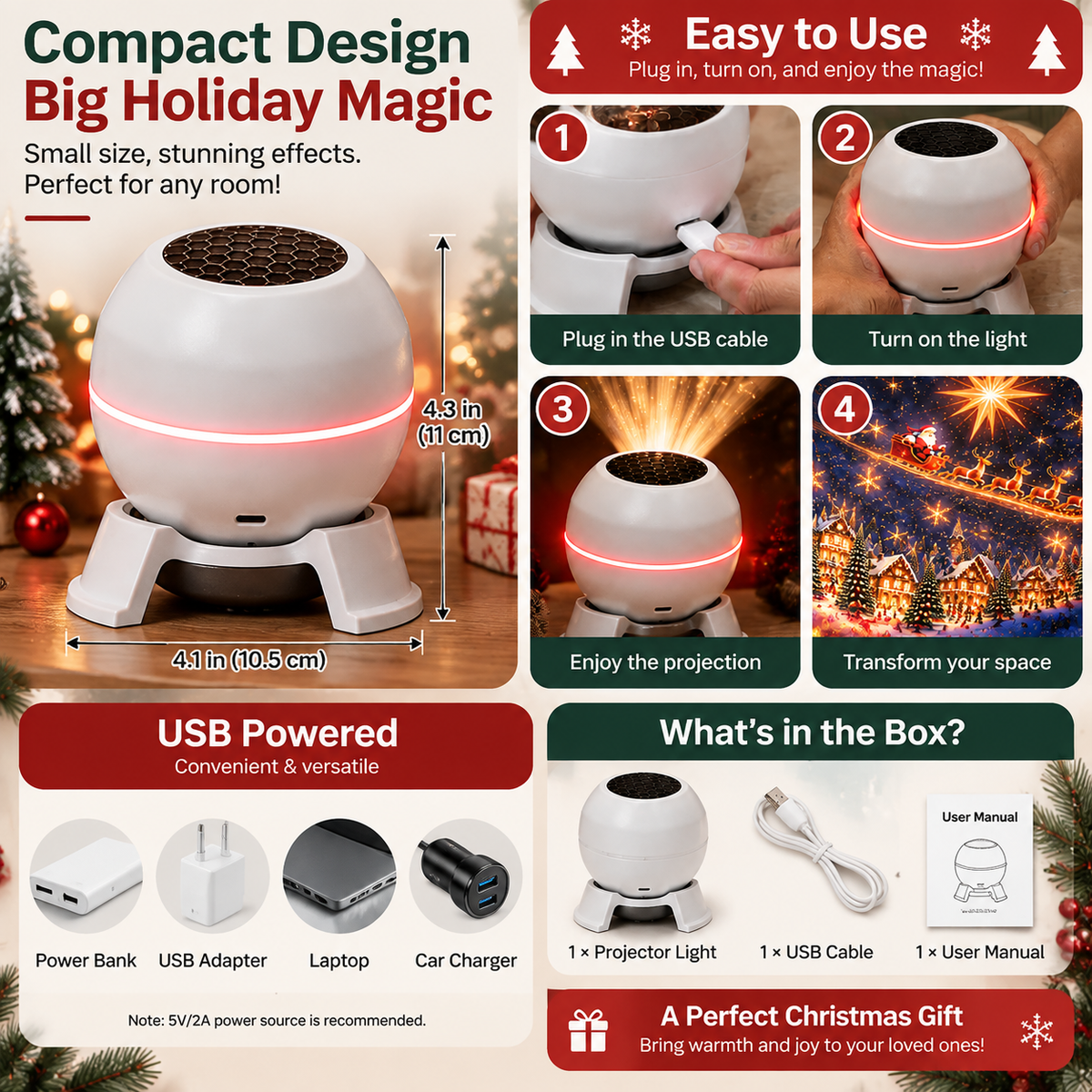Kerstlichtprojector met bewegende sterpatronen, USB-gevoed, wit